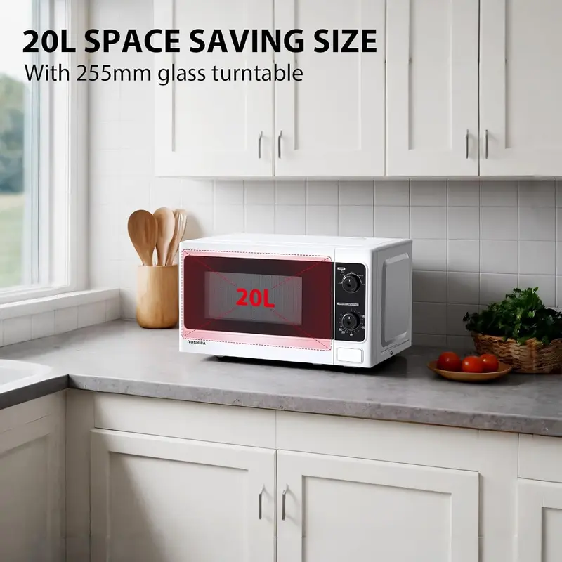 20 Liter 800W Manual Control Solo Small Microwave, Compact with 5 Power Levels, Automatic Defrost Function, Perfect for 9'' pizza, Clock and Timer, Easy Clean, White- MM-MM20P(WH) 2
