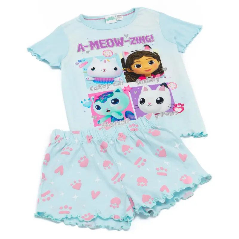 Vanilla Underground x Gabby's Dollhouse Girls Blue A-Meow-Zing! Text And Characters Short Sleeve Short Leg Pyjama Set 2