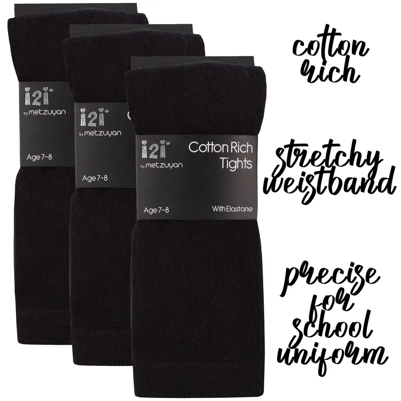 3 Pack Girls Black Tights School Tights for Girl Back To School Uniform Solid Plain Black Cotton Rich 	3 Pairs Girls Black School Uniform Tights Cotton Rich Warm Thick Stretchy Soft Warm Elasticated Waist Breathable 2 3 4 5 6 7 8 9 10 11 12 13 Years 4