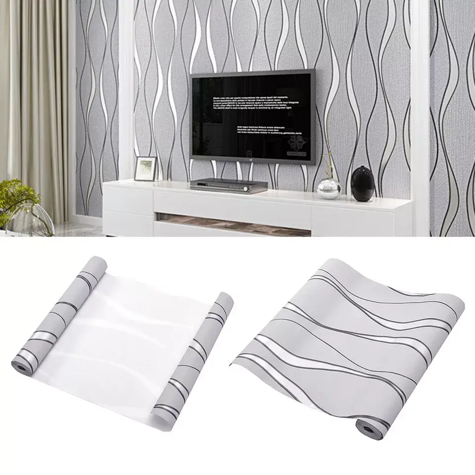 3D Embossed Wave Wallpaper Silver Grey Non-woven Living Room Wall Cover Decor
