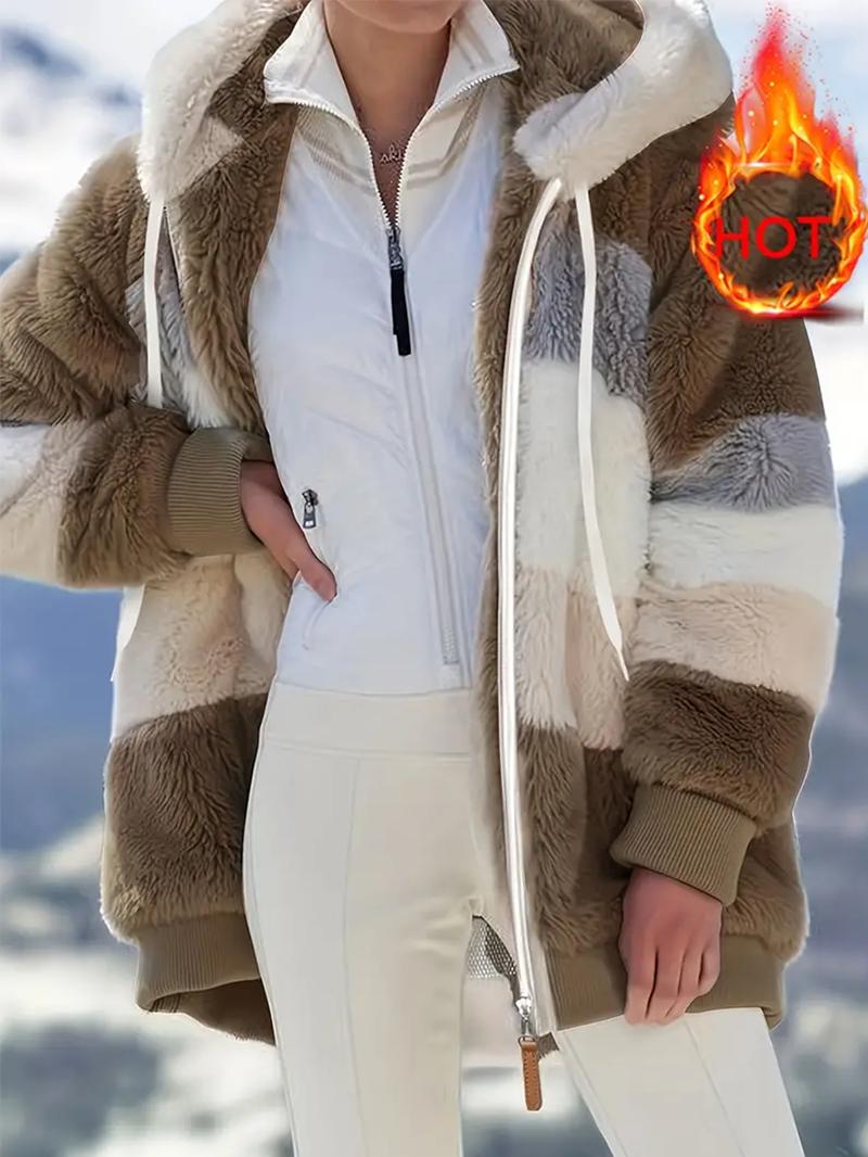 Product Introduction of Women's Color Block Fuzzy Coat - Casual Hooded Zip-Up Long Sleeve Outerwear with Adjustable Drawstring, Warm and Stylish Womenswear Jacket for Daily, Outdoor, or Travel Wear Tops 1