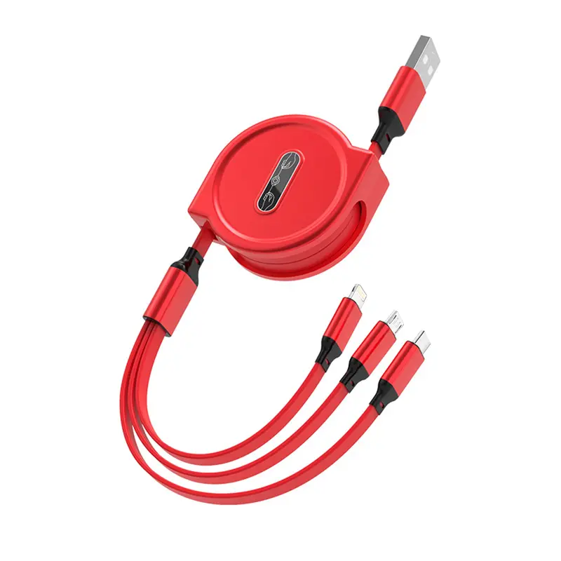 3-in-1 Retractable USB Cable - Flat Silicone, Male to Male, Universal Compatibility with iPhone, Android, Type-C, Micro USB - Portable Charger, 10-20W Power, No Battery, USB Powered 6