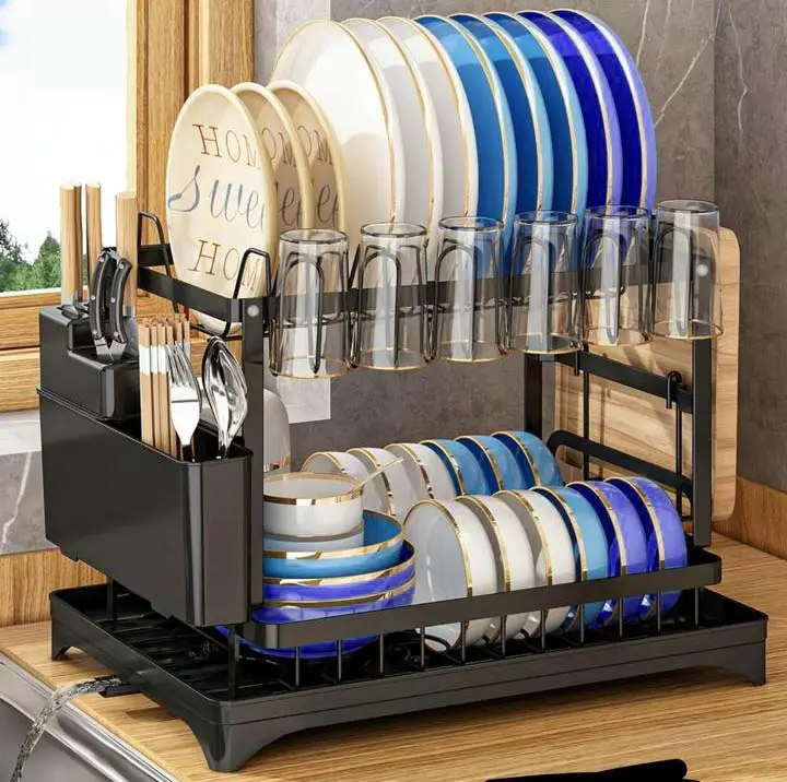 2-tier Dish Drying Rack with Water Drainage and Cutlery Basket for Kitchen Sink, Plate, and Glass Holder Utensil Organizer for Household