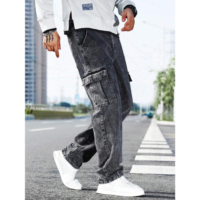 Manfinity RivetRise Men Flap Pocket Side Cargo Jeans, Plain Long Straight Leg Cargo Dark Grey Washed Cargo Jeans, For Husband, Boyfriend Gifts Menswear Viscose 2