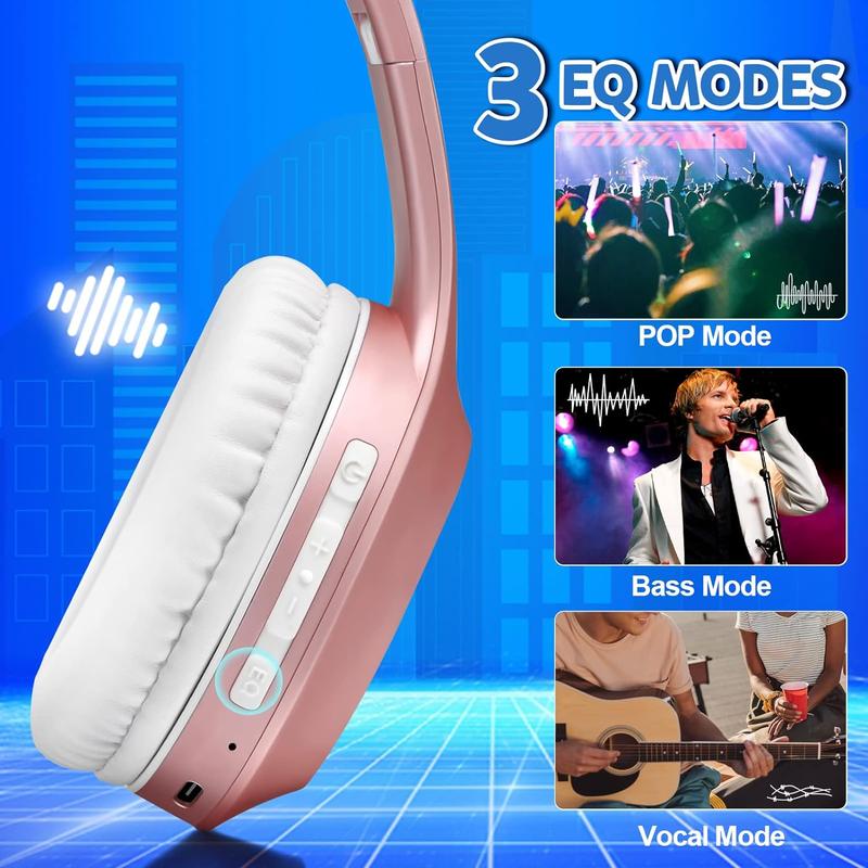 Bluetooth Headphones Over Ear, 68H Playtime and 3 EQ Music Modes Wireless Headphones with Microphone/Deep Bass, HiFi Stereo Foldable Lightweight Headset for PC Home Travel Office (ROSE GOLD) 2