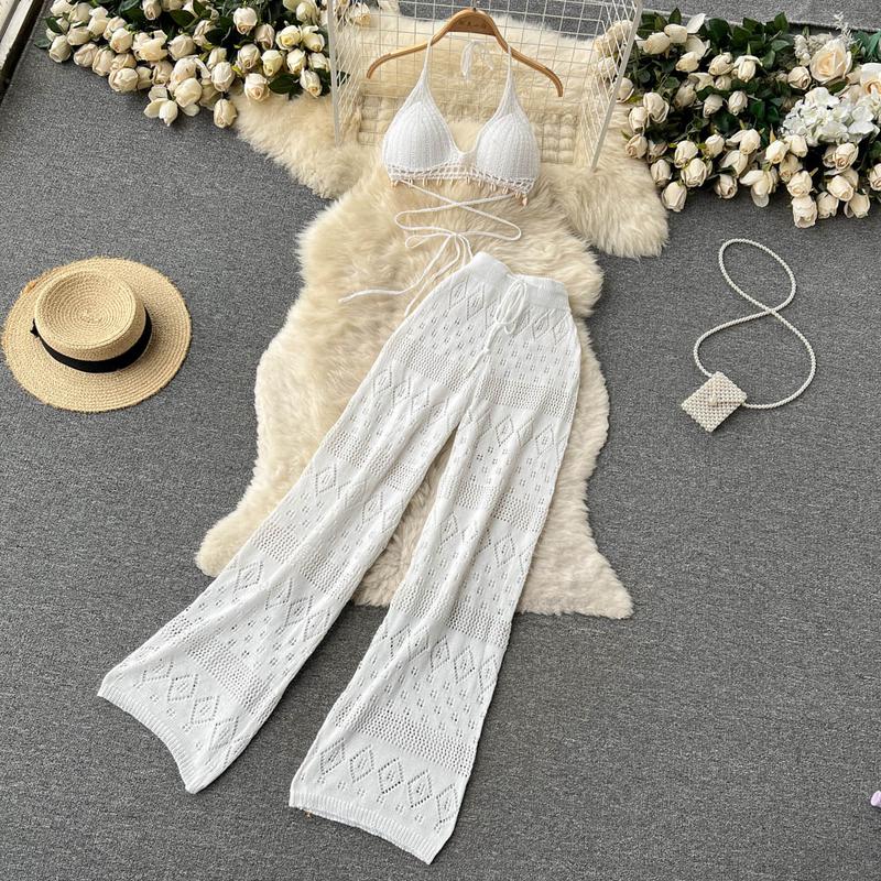 Product Introduction of SINGREINY Women Summer Knitted Set Halter Short Tops+ Hollow Wide Leg Long Pants Sets Shell Beach Sexy Backless Two Piece Suits 16