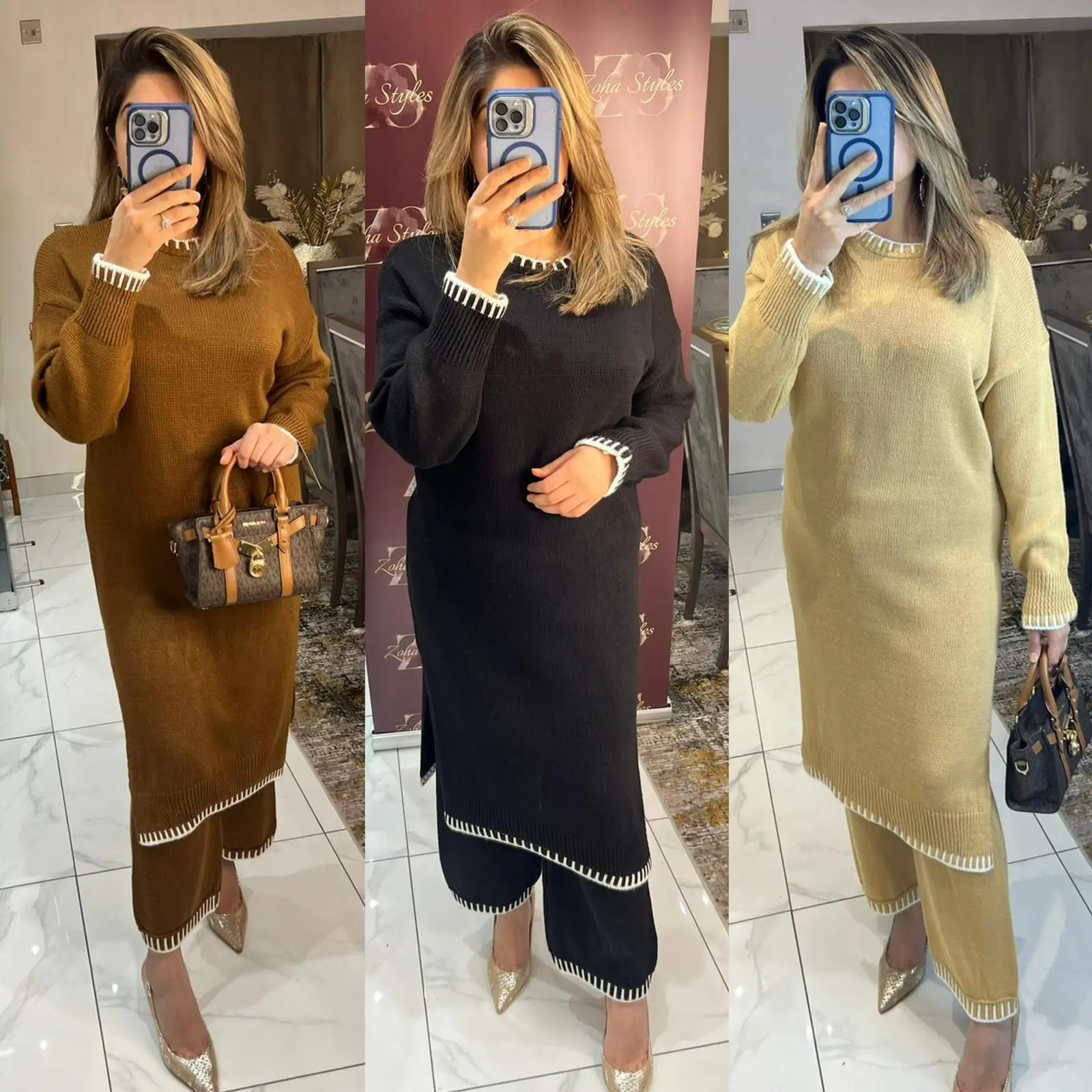 Women's Ladies New Knitted Stitch Long Dress With Trousers 2Pcs Co-Ord Set Modest