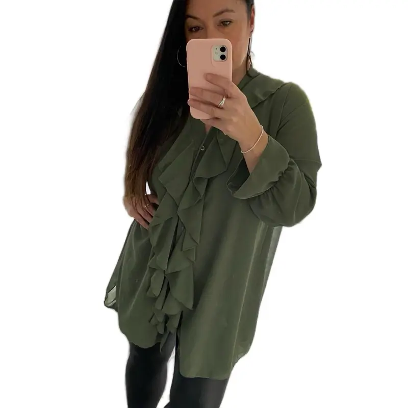 Ladies Womens Ruffle Blouse High Low Frill Shirt V-Neck - Khaki & Navy Womenswear