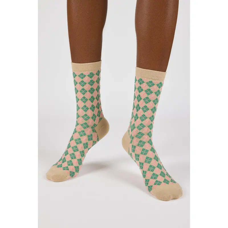 Beige and green bold argyle socks 1