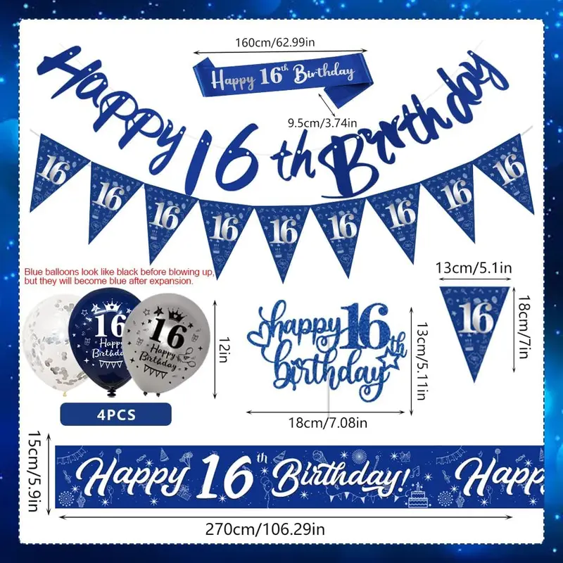 16th Birthday Decorations For Boys,16th Birthday Banners Navy Blue Silver for Him, Happy Birthday Party Decoration,Birthday 9ft Banner Bunting Sash Confetti Latex Balloons Triangle Flags Cake Toppers 2
