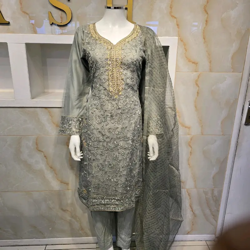 Women's Organza and Lilon Fabric Embroidered Shalwar Kameez 3-Piece Suite with Gold Thread Neck Design - Casual, Womenswear Sizes chest size S36 M 38 L 41 Xl 43 4