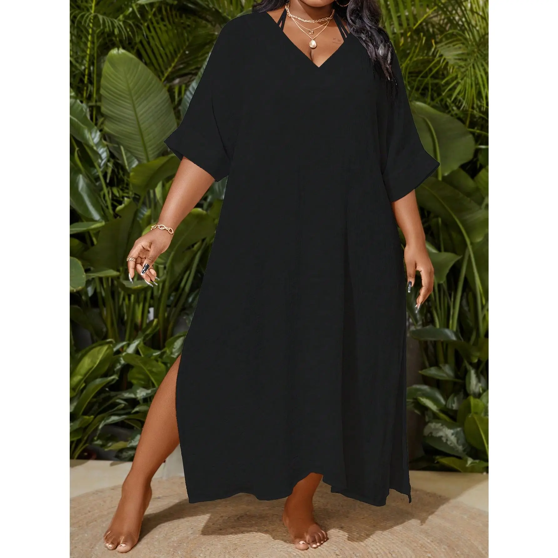 Swimsuit Women summer beach plus size WOMEN'S solid color v neck batwing sleeve cover up dress Casual Fabric