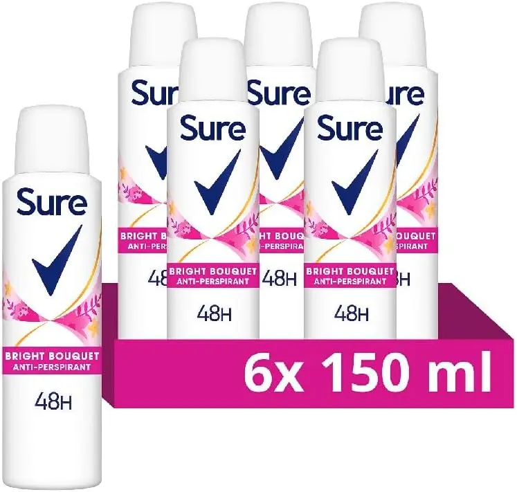 Sure Bright Bouquet Anti-Perspirant Aerosol Women's Deodorant Spray with a strawberry, apricot & vanilla fragrance for 48 hour sweat and odour protection 6x 150 ml