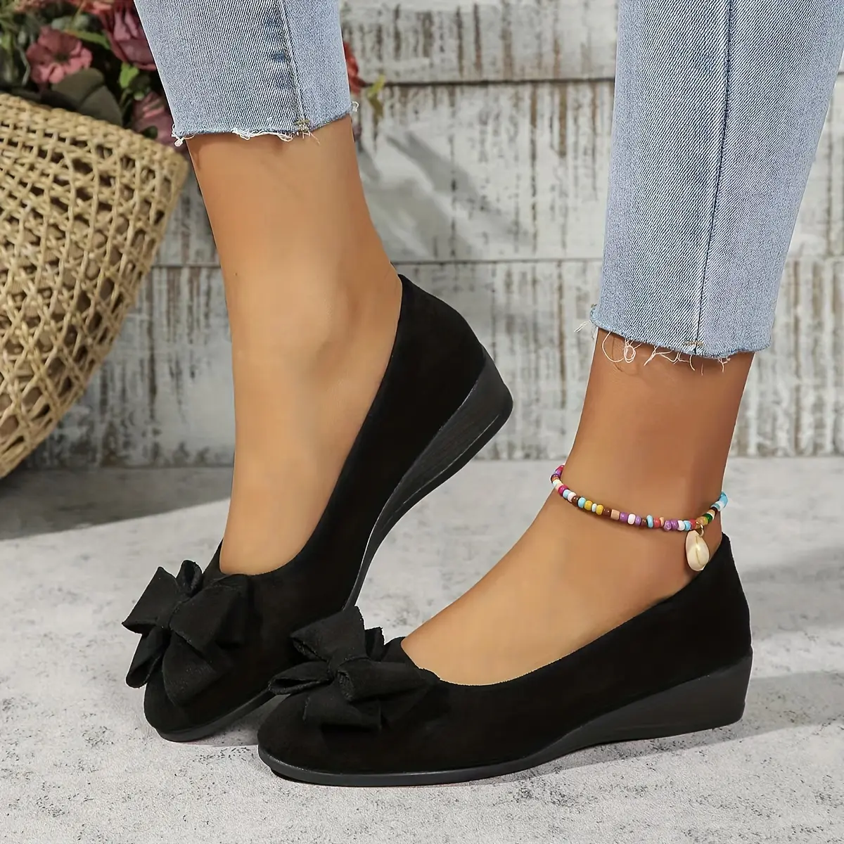 Women's Bowknot Decor Wedge Heeled Shoes, Casual Slip On Platform Shoes, Lightweight & Comfortable Shoes