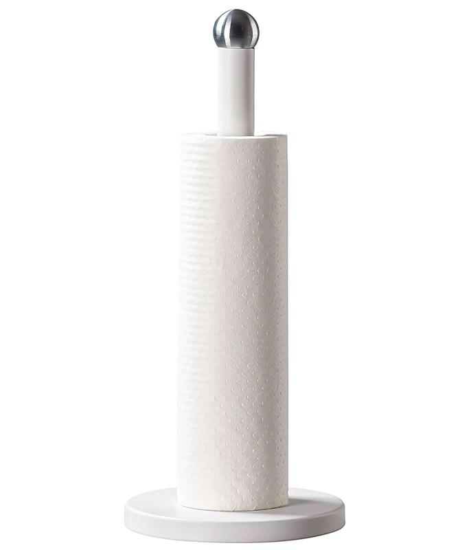 White Kitchen Paper Towel Holder - Free Standing, Stable Base, Stainless Steel - Modern Round Design 0