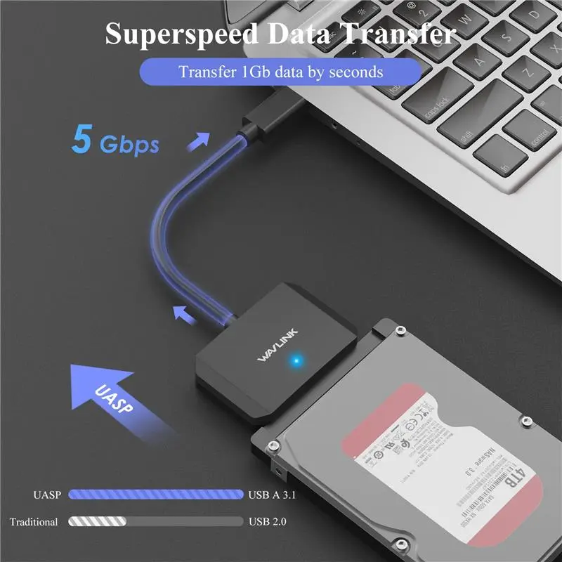 SATA III to USB 3.0 Cable Adapter, 5 Gbps USB 3.0 to SATA Adapter Converter/Connector for 3.5" HDD & 2.5" HDD/SSD with 12V2A Power Adapter, Max 18TB, UASP, TRIM, S.M.A.R.T, Auto-sleep Mode 2