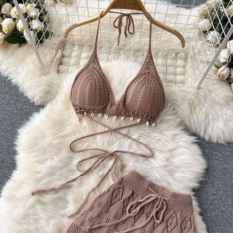 Product Introduction of SINGREINY Women Summer Knitted Set Halter Short Tops+ Hollow Wide Leg Long Pants Sets Shell Beach Sexy Backless Two Piece Suits 24