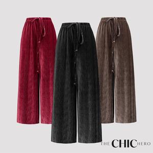 ChicHero Elastane Velvet Plisse Wide Leg Comfort Trousers Comfortable Pants