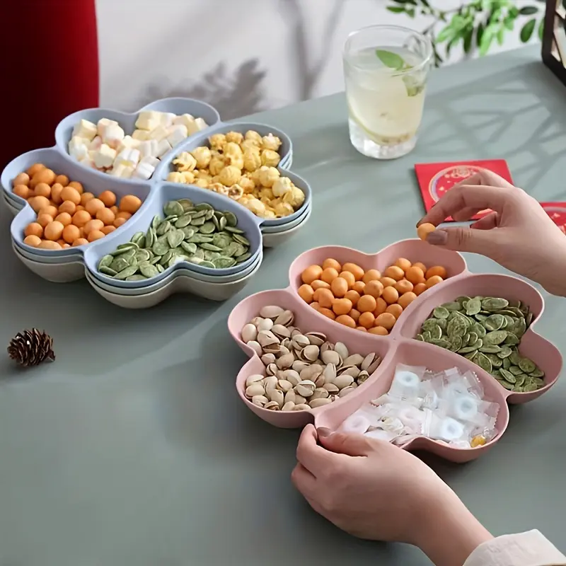 4-Compartment Plastic Snack Tray - Reusable Candy Serving Platter for Appetizers, Desserts, Nuts, Fruits |       Circular Multipurpose Sectional Dish for Dips & Chips |       1pc Snack Server 3