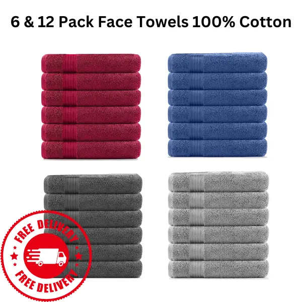 Luxury Soft Cotton Face Towels - Personal Care, Makeup Remover - Unisex - Solid - 6 & 12 Pack - Water Absorbent