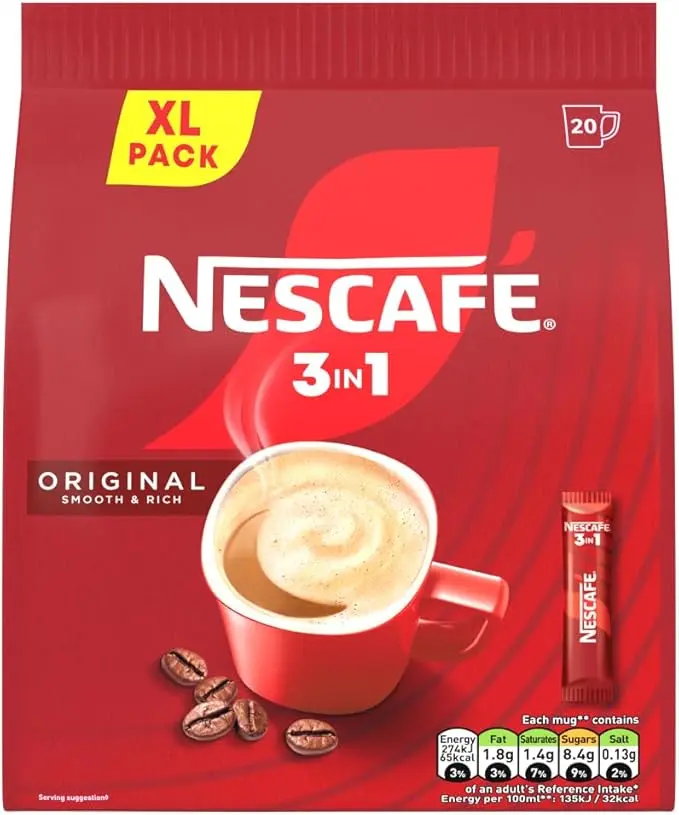 NESCAFE 3 IN 1's Original XL Pack (1 Pack 20 Drinks) Cups Coffee, Milk, Sugar, Ready Made  Natural Beverage