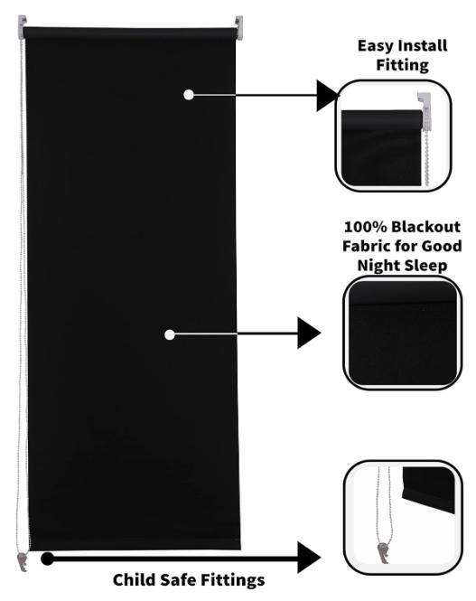 FERRY HOMEWARE Roller Blinds Thermal Blackout Roller Blind, Easy Fit Child Safe Trimmable UV Protection Home Office Window Blinds, Black Blind (150cm Wide X 165cm Drop) 8