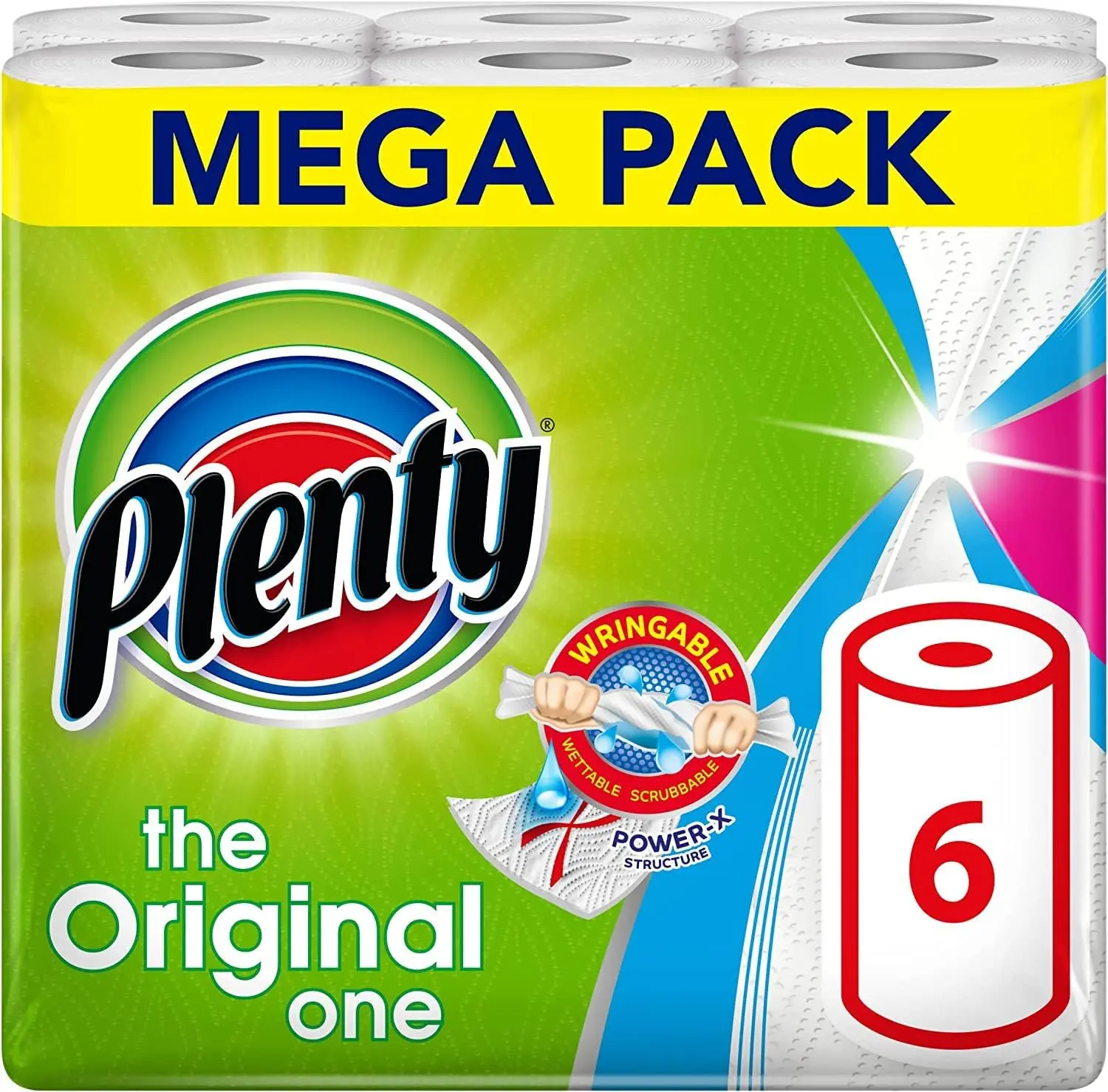 PLENTY Kitchen Towel, 6 White Rolls, 600 Sheets of Kitchen Roll, 2-Ply Tissue Pack Wipes