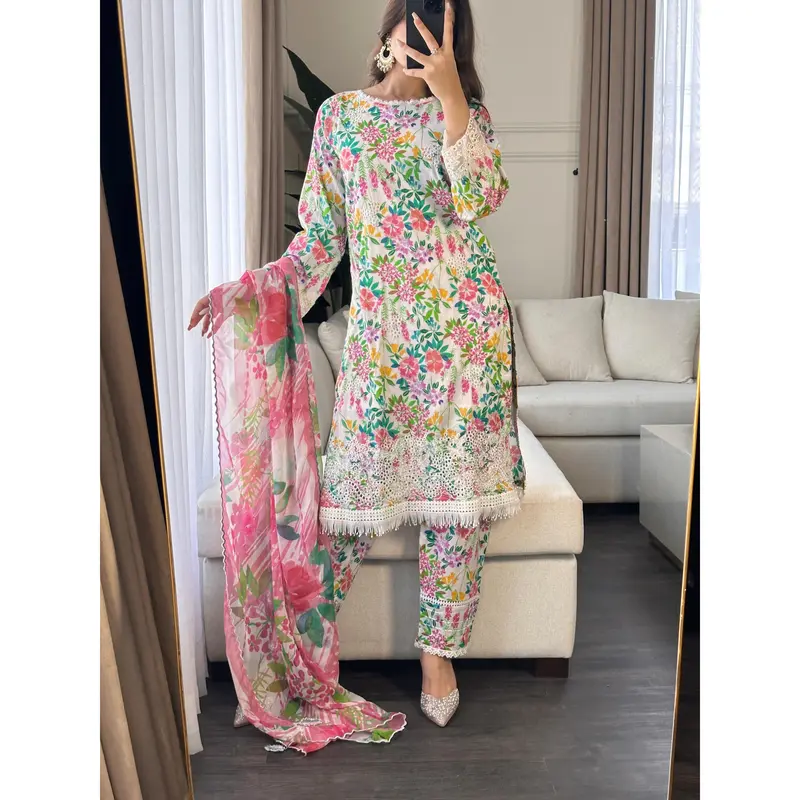 3 pcs Stitched WHITE lawn suit Ready to Wear with chiffon dupatta LNE-24017 0