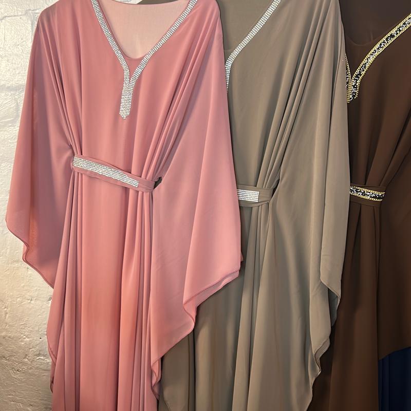 Ladies Girls Muslim Fashion Solid Belt Kaftan Elegant Long Sleeves Abaya 2