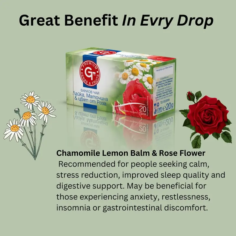 Premium GT Chamomile Lemon Balm Leaf Rose Blossom 20 Tea Bags Experience Tranquility with Premium Calming Tea Rose Flower Tea Bags for Relaxation and Sleepy Tea Premium GT Herbs & Fruits 1
