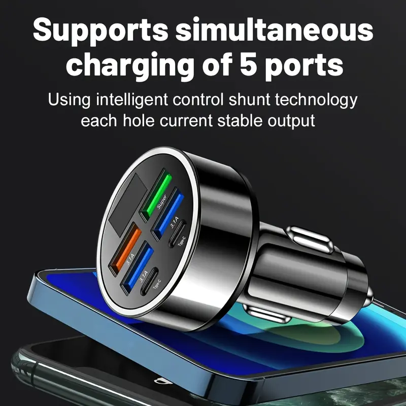 1pc Universal 6-in-1 Car Charger with Digital Display, QC3.0 & QC3.1 Fast Charging, Dual PD USB Ports, Multi-Function Vehicle Charger Adapter, 36V Max Power, USB Connector, Cigarette Lighter Plug 3