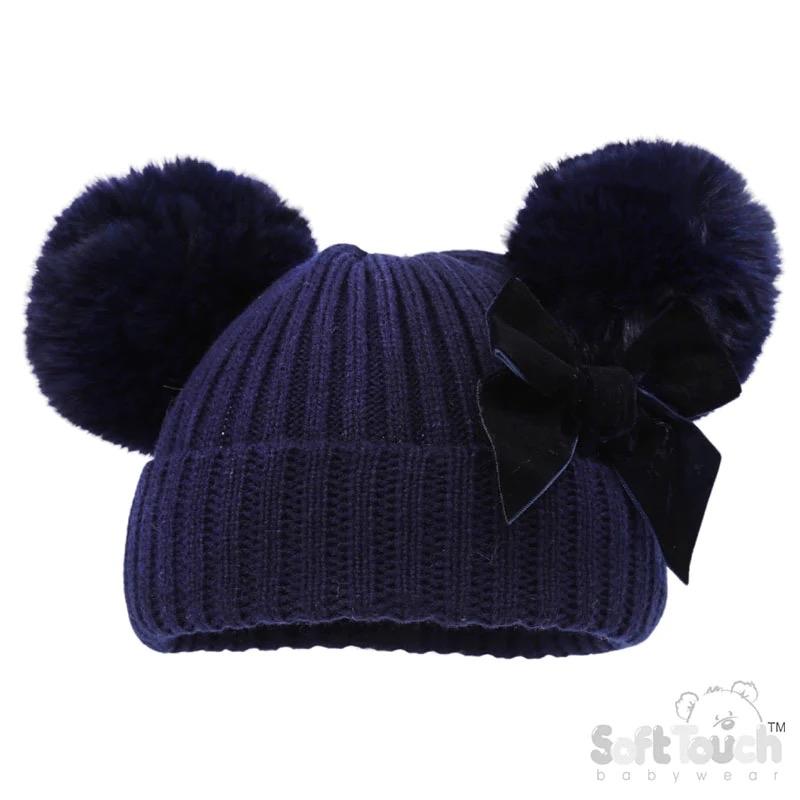 Baby Girls Velvet Bow Pom Pom Hats - Newborn To 12 Months 4