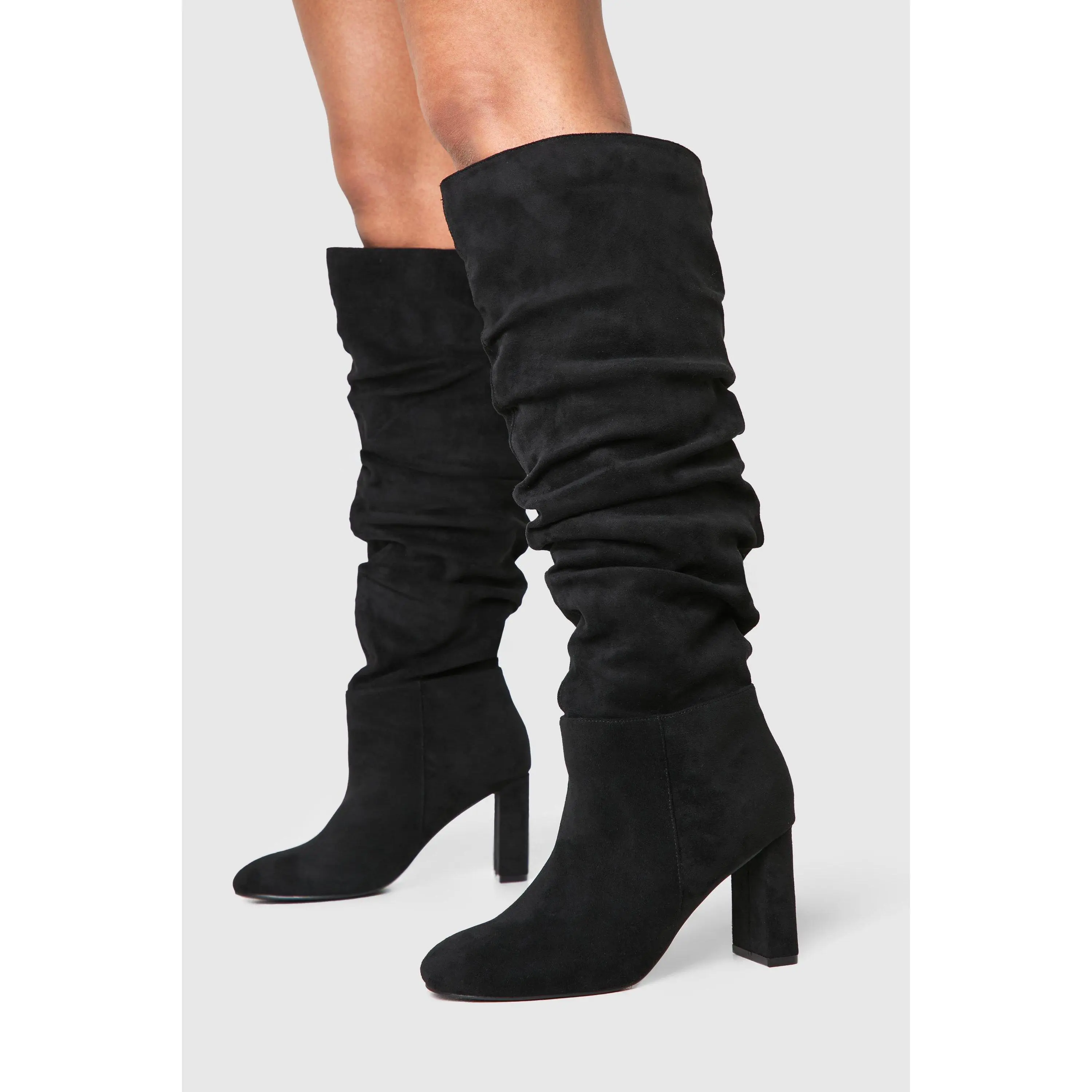 Wide Fit Faux Suede Ruched Detail Block Heel Boots