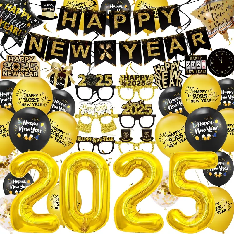 Happy New Year 2025 Party Decorations - Banner, Glasses, Latex Balloons, and Foil Swirl Streamers 1