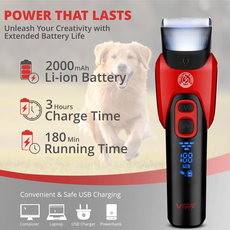 VGR Dog Grooming Clippers Kit Cordless for Thick or Curly Coats - Professional Pet Animal Hair Trimmer with Ceramic Blades - Low Noise Silent Shaver for Cat with Matted Fur, Puppy, Poodle, Cockapoo Groomer Rechargeable via USB-C 180 min Battery 7