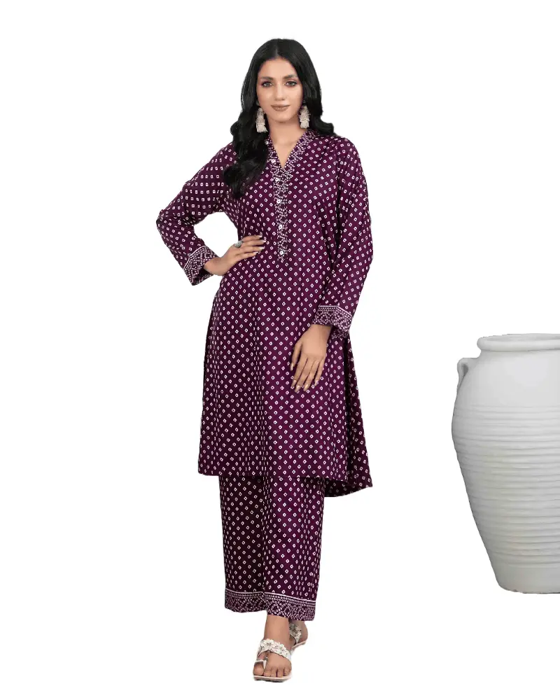 Ready-Made Pakistani Suits | 2 Pc  All-Over Printed, Purple Casual Comfortable Long Sleeve Linen Womenswear