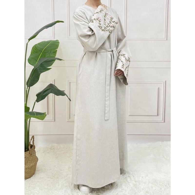 【2025】Arabic Clothing-floral Embroidery Long Sleeve Belted Tunic Dress, Elegant Long Dress for Women, Women's Islamic Clothing for All Seasons, Abaya for Daily Wear 4
