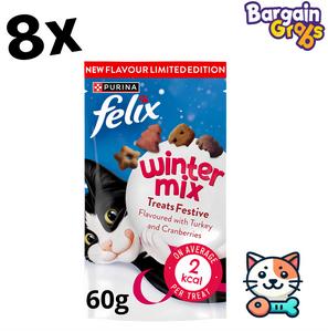 8 x Felix Party Mix Winter Mix 60g – Tasty Cat Treats, Crunchy & Irresistible Snacks, BBD: 31/03/2026