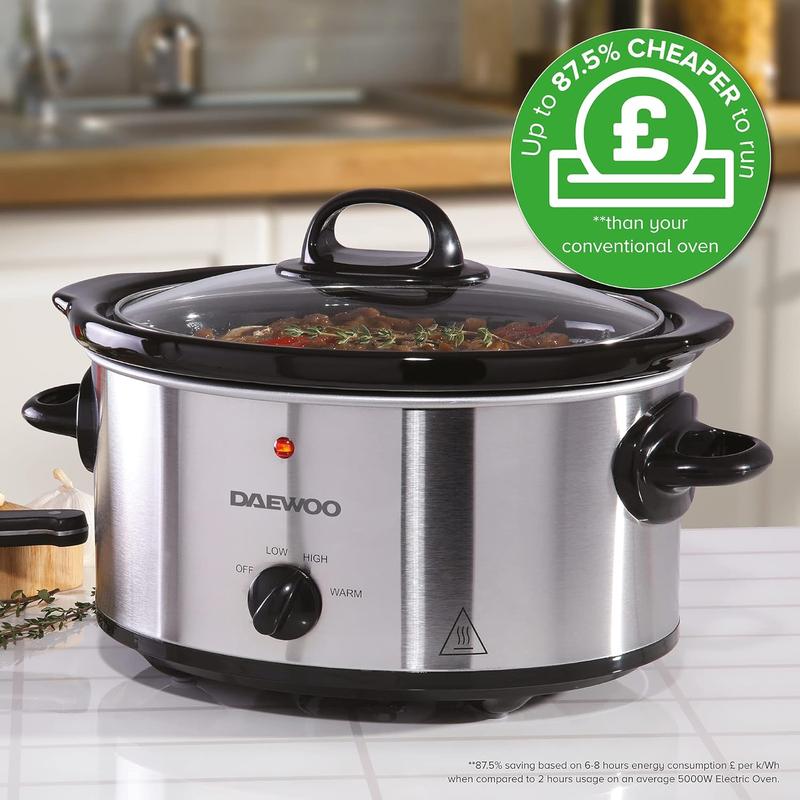 Daewoo Stainless Steel Slow Cooker With 3 Heat Settings And Power Indicator, Dishwasher Safe and Carry Handles With Raised Feet, Easy Clean, 3.5-Litres 1