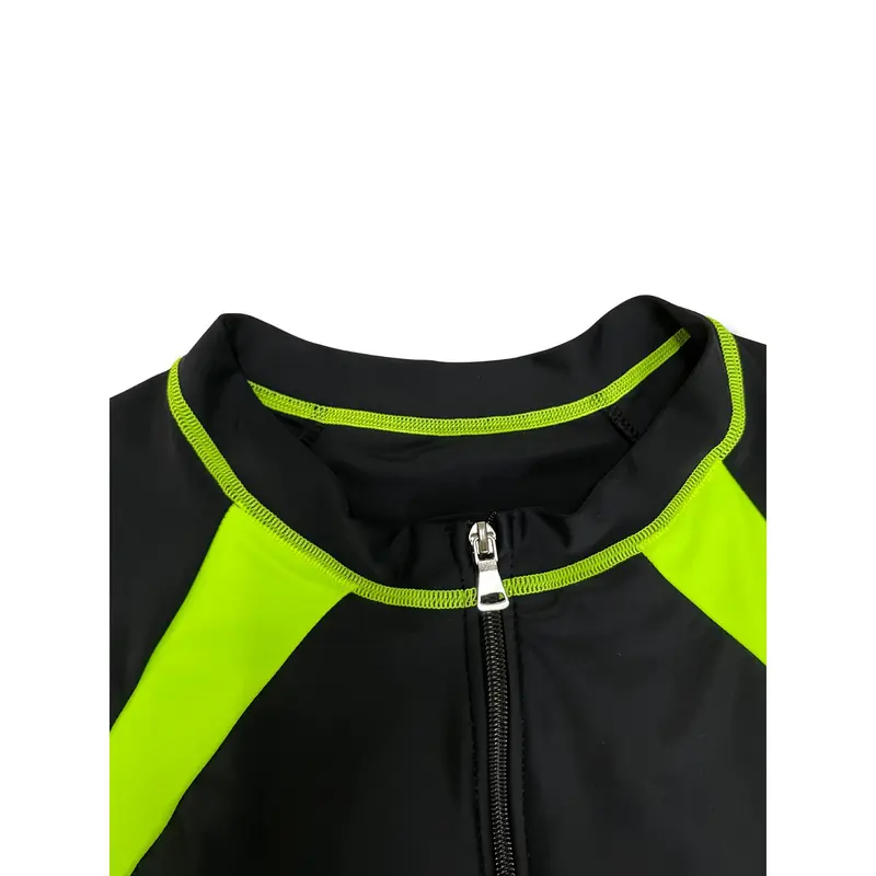 [One Short Sleeve Block Swimsuit] Color Block Zipper Short Sleeve One-piece Swimsuit, Short Sleeve Fast Dry Fabric Sun Protective Surfing Water Sports Rush Guard, Women's Swimwear & Clothing 3