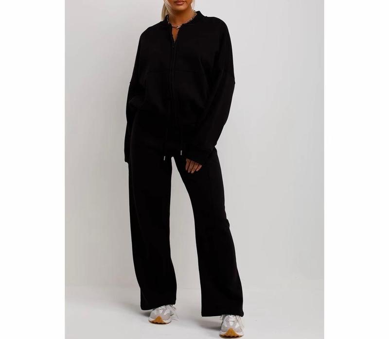 Bomber Sweatshirt With Zip And Joggers Loungewear Set Black Womenswear 4