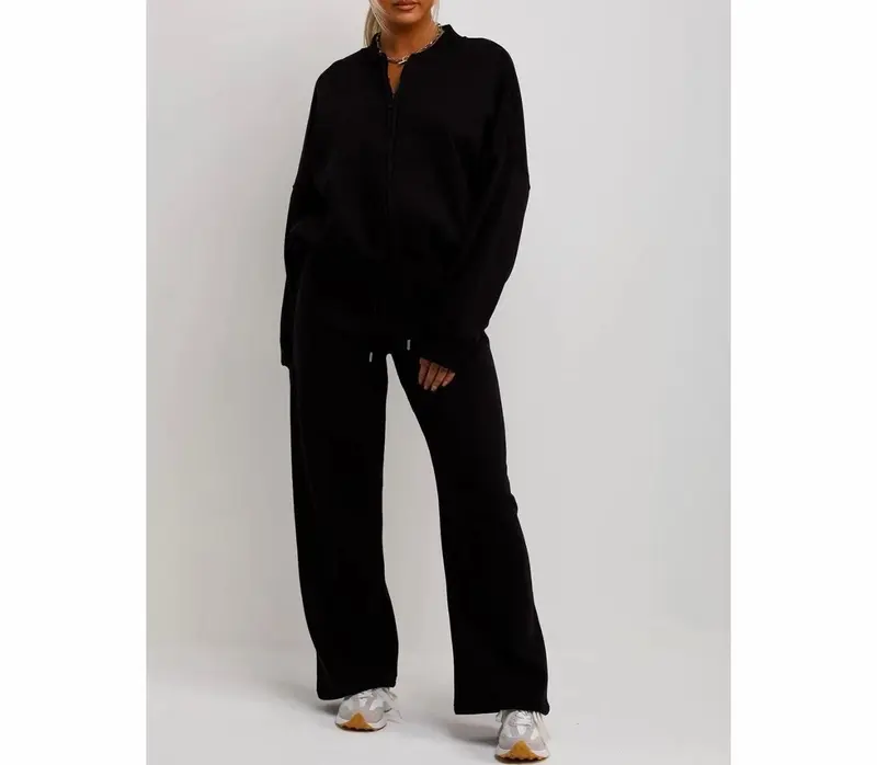 Bomber Sweatshirt With Zip And Joggers Loungewear Set Black Womenswear 4