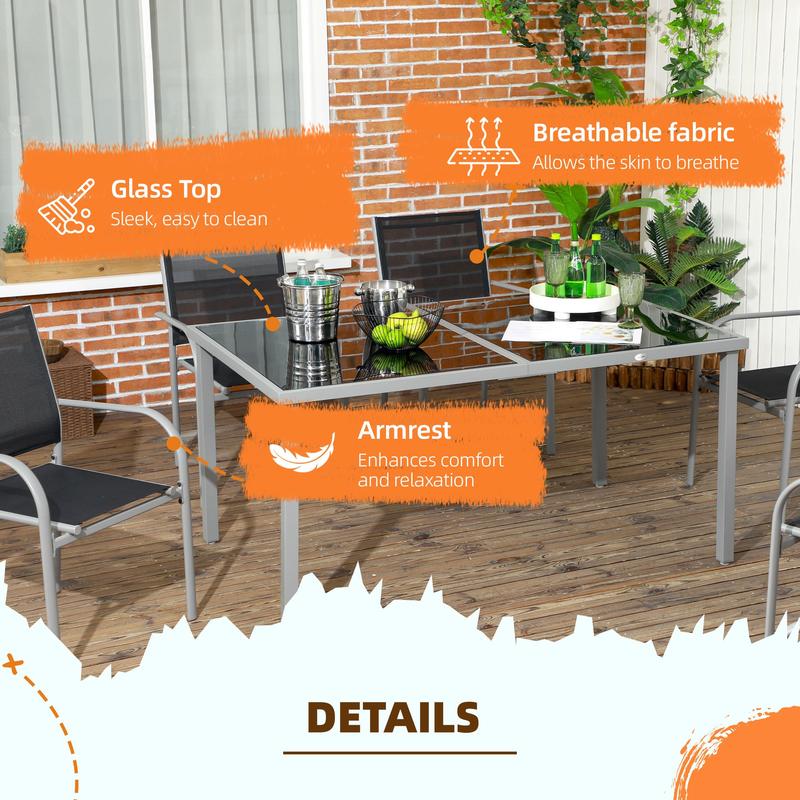 Outsunny 7 Piece Outdoor Garden Dining Set with Table and 6 Stackable Chairs, Steel Frame, Tempered Glass Top, Mesh Seats, Black 5
