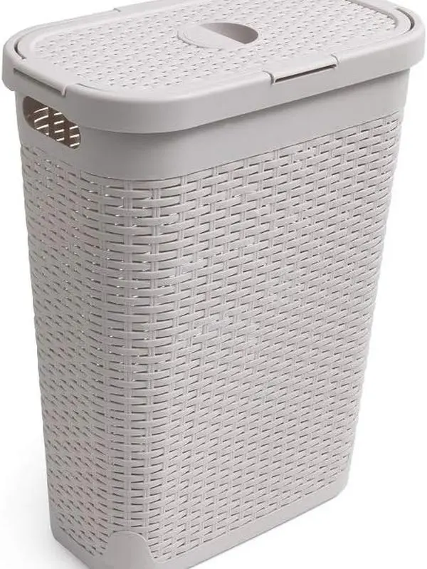 Faux Rattan 40 Litre Family Slim Laundry Clothes Washing Hamper Bin with Lid, Beige, Calico/Cream