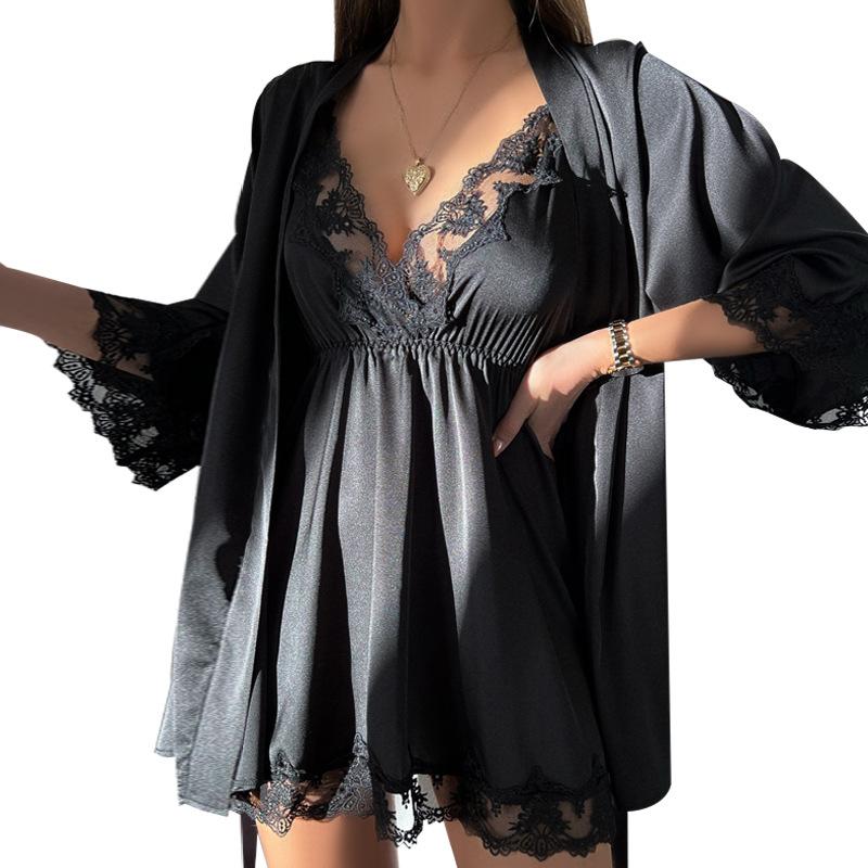 Pink Lace Robe Suit Women 2pcs Sleepwear Nightgown Loungewear Rayon Summer Kimono Bathrobe Gown Set Nightdress Homewear 5