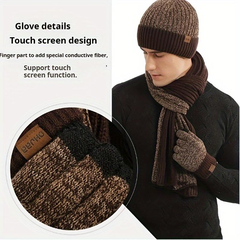 Vintage Style Knitted Winter Set, 3-in-1 Polyester Scarf, Beanie, and Touch Screen Gloves Bundle for Ski and Outdoor Activities - Thick, Warm Knitting Composition for Cold Weather 1