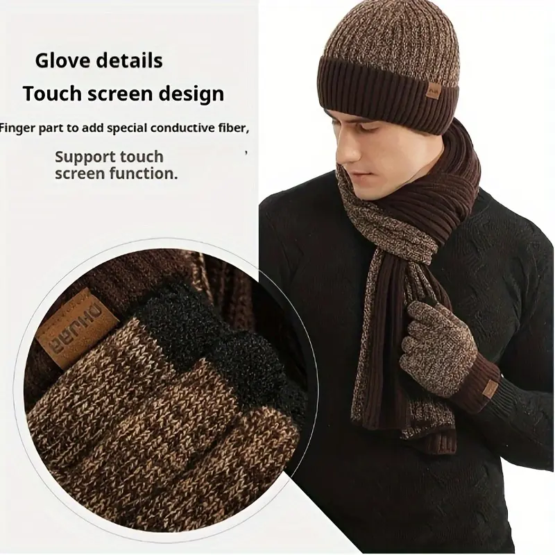 Vintage Style Knitted Winter Set, 3-in-1 Polyester Scarf, Beanie, and Touch Screen Gloves Bundle for Ski and Outdoor Activities - Thick, Warm Knitting Composition for Cold Weather 1