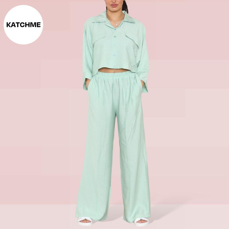 KatchMe Women's Versatile Long Sleeve Button Crop Top & Elastic Waist Pocket Trousers Co-ord,Lady Two-Piece Outfit for Womenswear,Plain Co-ord Set 4