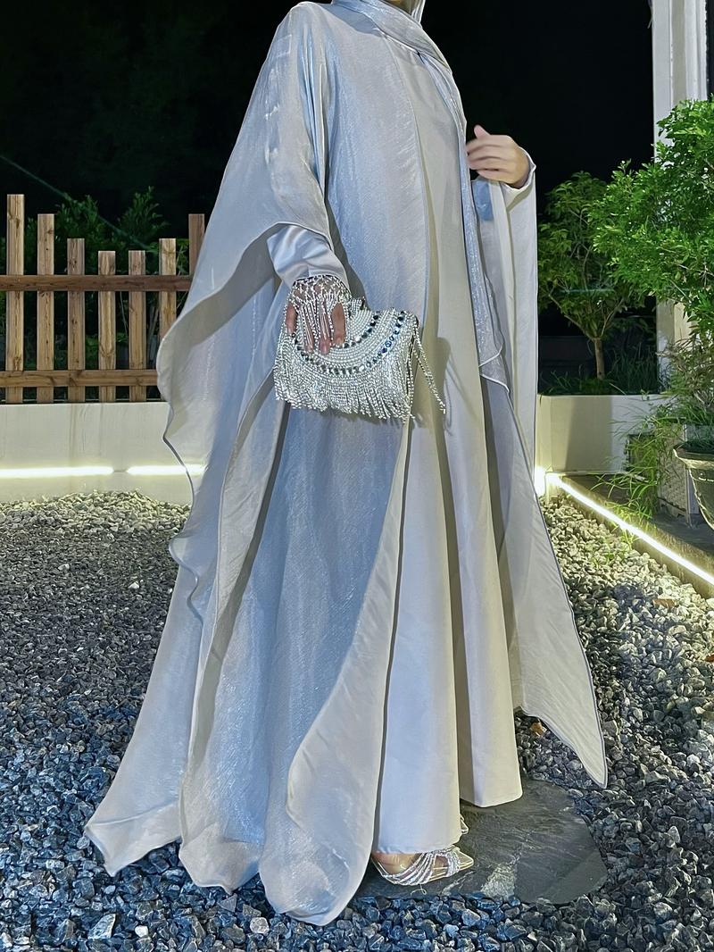 Product Introduction of #LY06  Ramadan Promotion Three-piece Elegant butterfly organza abaya set, shimmer abaya set with inner dress and hijab 19
