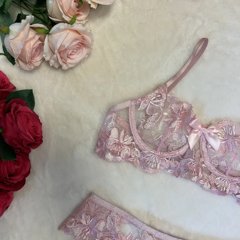 Liliosa Lingerie Jolie High Quality Lace 3 Piece Lingerie Set - (Bra adjustable - garter adjustable + Elasticated Pants) Comfortable Everyday Womenswear, Satin Bow Detail, Underwired bra, Luxury Floral Embroidered Outfit, Belt Love Outfits 1